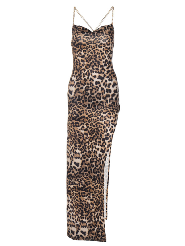 Backless Leopard Print Party Maxi Dress with Thigh-High Slit | Chuzko.com