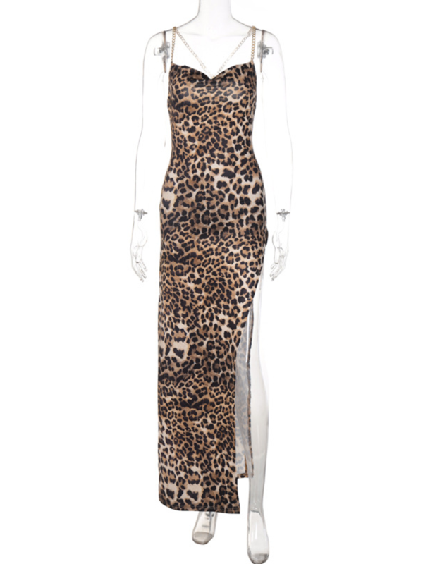 Backless Leopard Print Party Maxi Dress with Thigh-High Slit | Chuzko.com