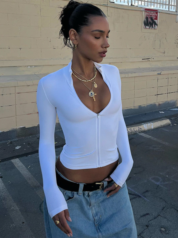 Sporty White Zip-Up Crop Top T-Shirt for Active Days Crop Tops | Chuzko.com