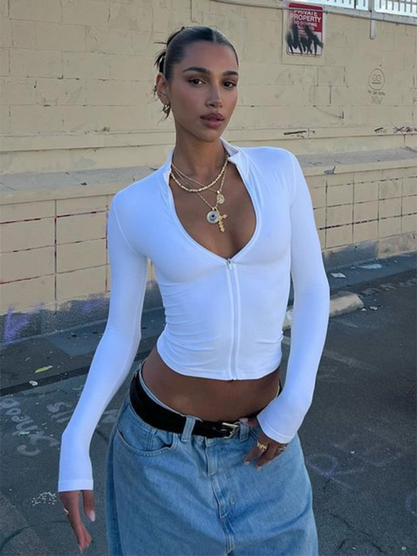 Sporty White Zip-Up Crop Top T-Shirt for Active Days Crop Tops | Chuzko.com