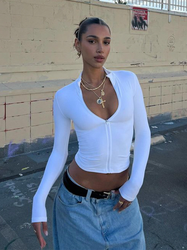 Sporty White Zip-Up Crop Top T-Shirt for Active Days Crop Tops | Chuzko.com