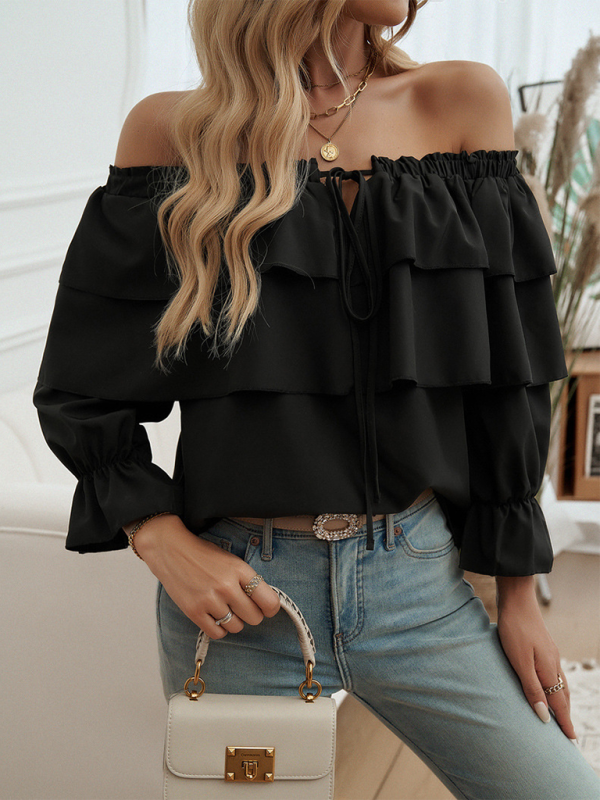 Off-Shoulder Ruffle Blouse with Long Sleeves Blouses | Chuzko.com