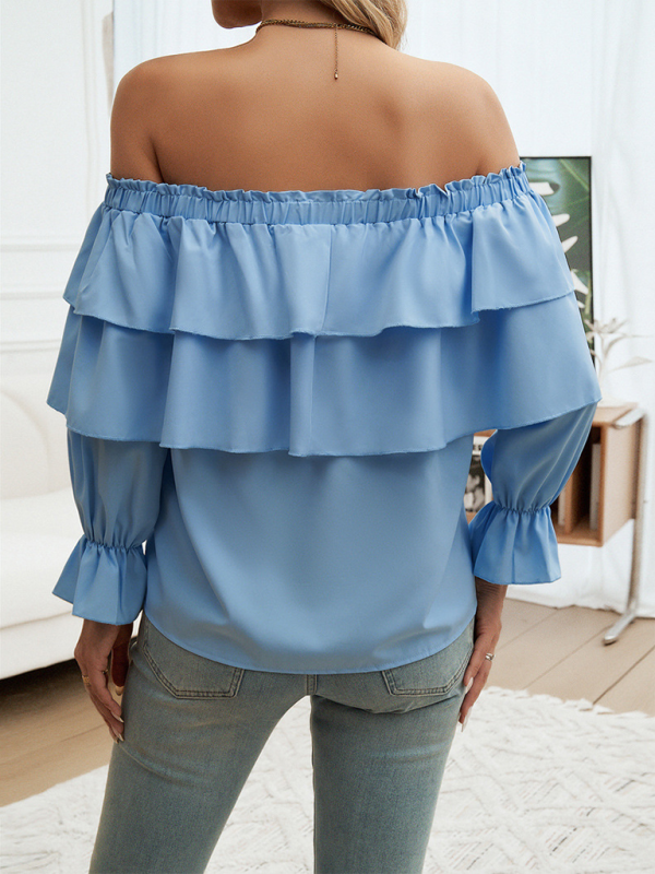 Off-Shoulder Ruffle Blouse with Long Sleeves Blouses | Chuzko.com