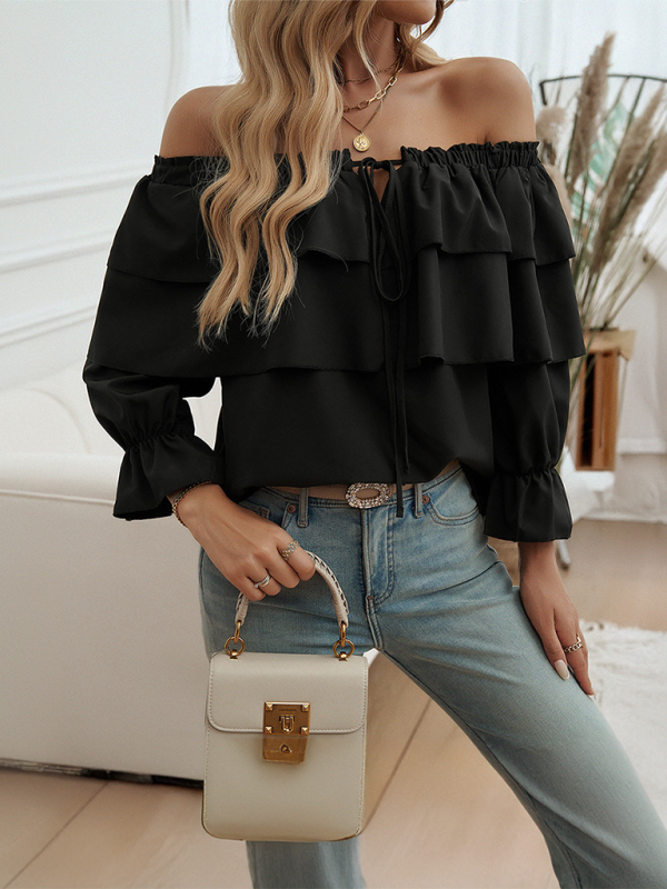 Off-Shoulder Ruffle Blouse with Long Sleeves Blouses | Chuzko.com