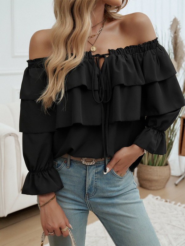 Off-Shoulder Ruffle Blouse with Long Sleeves Blouses | Chuzko.com