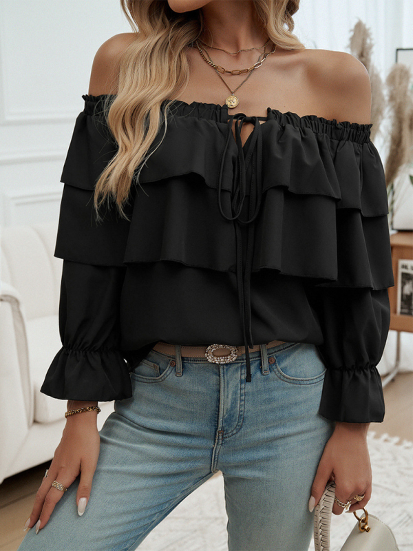 Off-Shoulder Ruffle Blouse with Long Sleeves Blouses | Chuzko.com