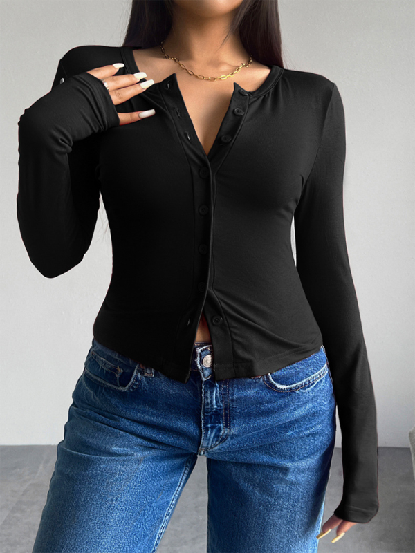 Women Button-Down Top Crew Neck Cardigan T-Shirt T-shirts | Chuzko.com