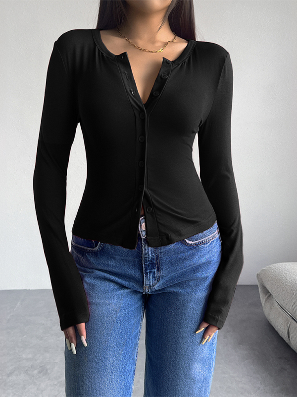 Women Button-Down Top Crew Neck Cardigan T-Shirt T-shirts | Chuzko.com