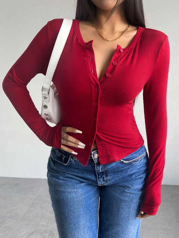 Women Button-Down Top Crew Neck Cardigan T-Shirt T-shirts | Chuzko.com