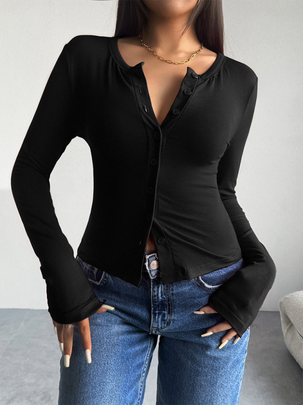 Women Button-Down Top Crew Neck Cardigan T-Shirt T-shirts | Chuzko.com