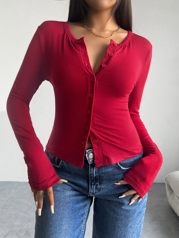 Women Button-Down Top Crew Neck Cardigan T-Shirt T-shirts | Chuzko.com