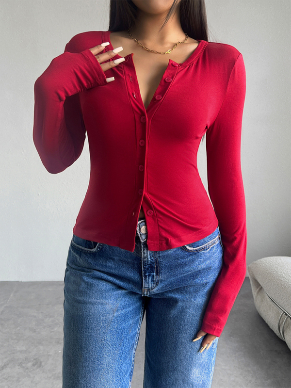 Women Button-Down Top Crew Neck Cardigan T-Shirt T-shirts | Chuzko.com