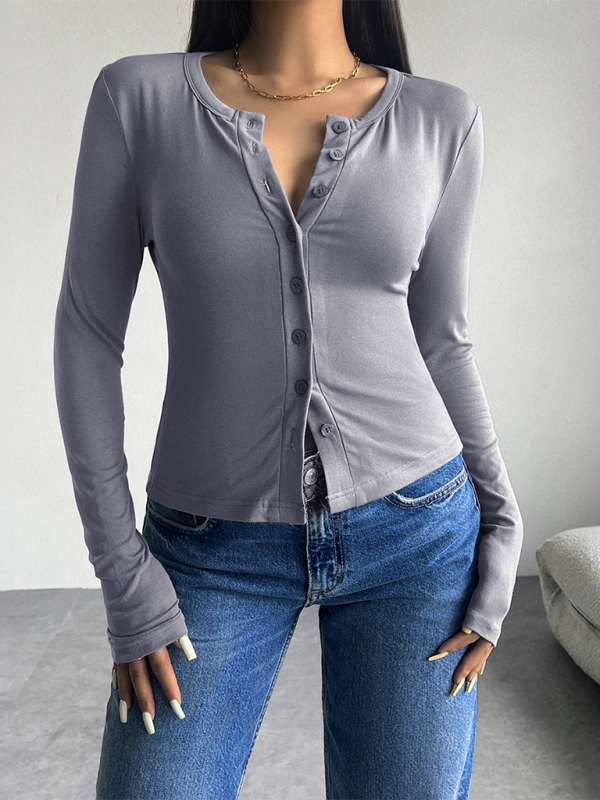 Women Button-Down Top Crew Neck Cardigan T-Shirt T-shirts | Chuzko.com