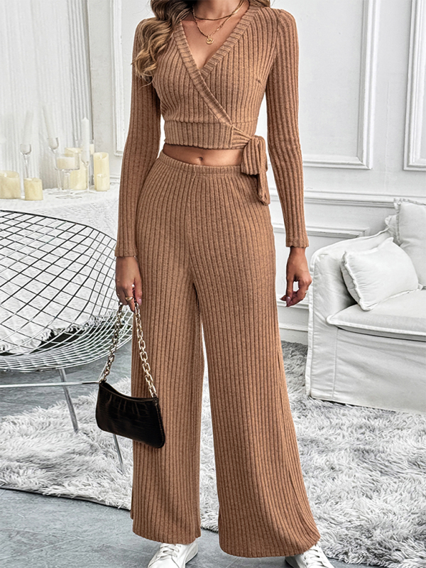 Women Ribbed Coffee Outfit Flared Pants and Crop Top Pants Sets | Chuzko.com