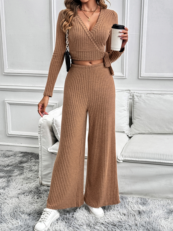 Women Ribbed Coffee Outfit Flared Pants and Crop Top Pants Sets | Chuzko.com