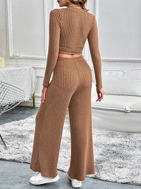 Women Ribbed Coffee Outfit Flared Pants and Crop Top Pants Sets | Chuzko.com