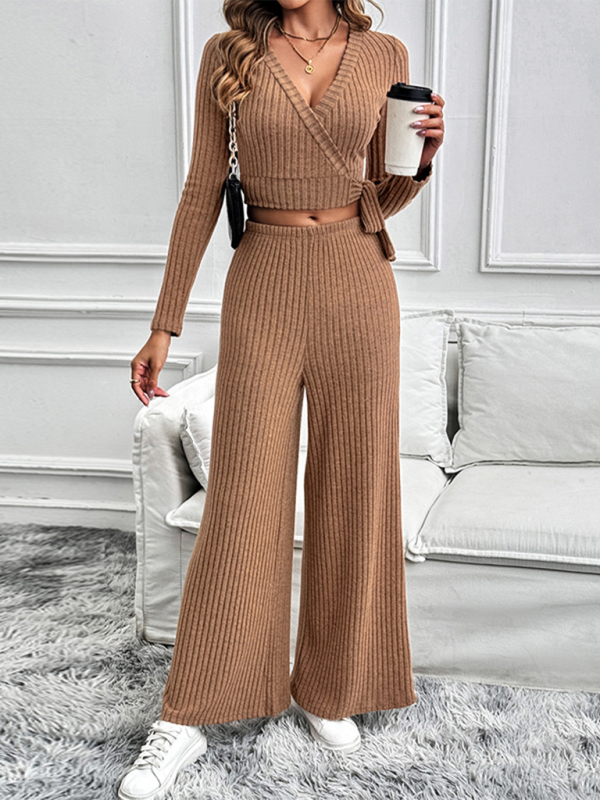 Women Ribbed Coffee Outfit Flared Pants and Crop Top Pants Sets | Chuzko.com