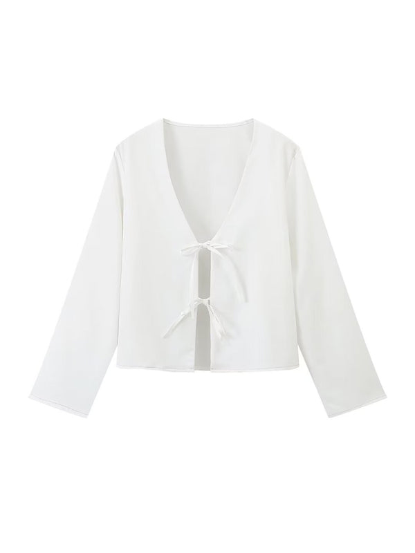 Solid Long Sleeve Tie-Up Blouse Topper for Women Open Tops | Chuzko.com