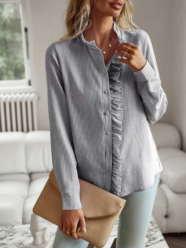 Women's Textured Button Down Shirt - Stand Collar and Ruffle | Chuzko.com