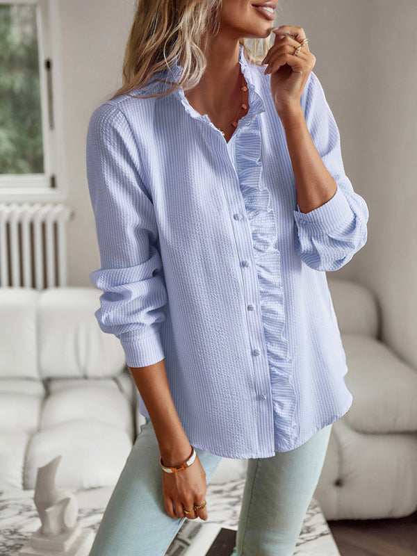 Women's Textured Button Down Shirt - Stand Collar and Ruffle | Chuzko.com