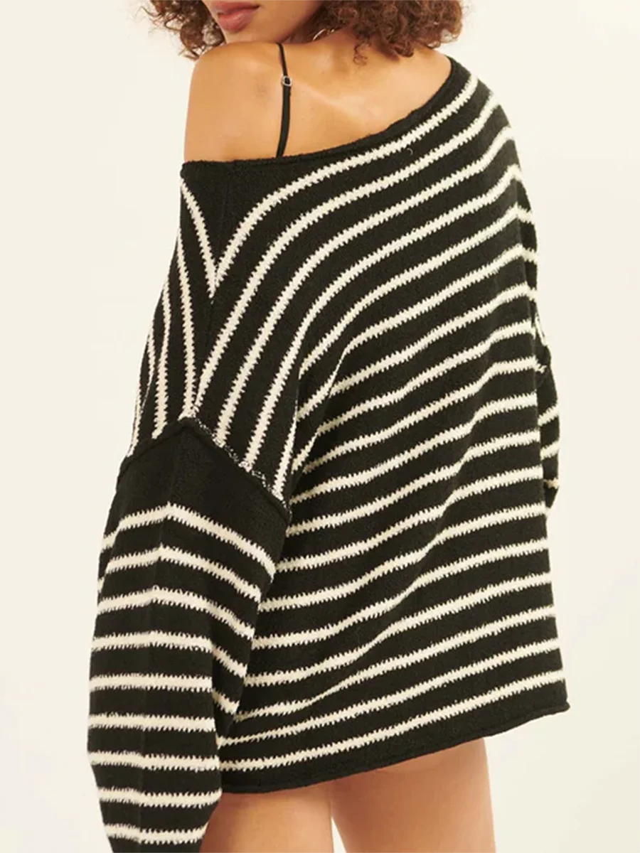 Oversized Striped Drop Shoulder Jumpers Tops Pullover Sweaters | Chuzko.com