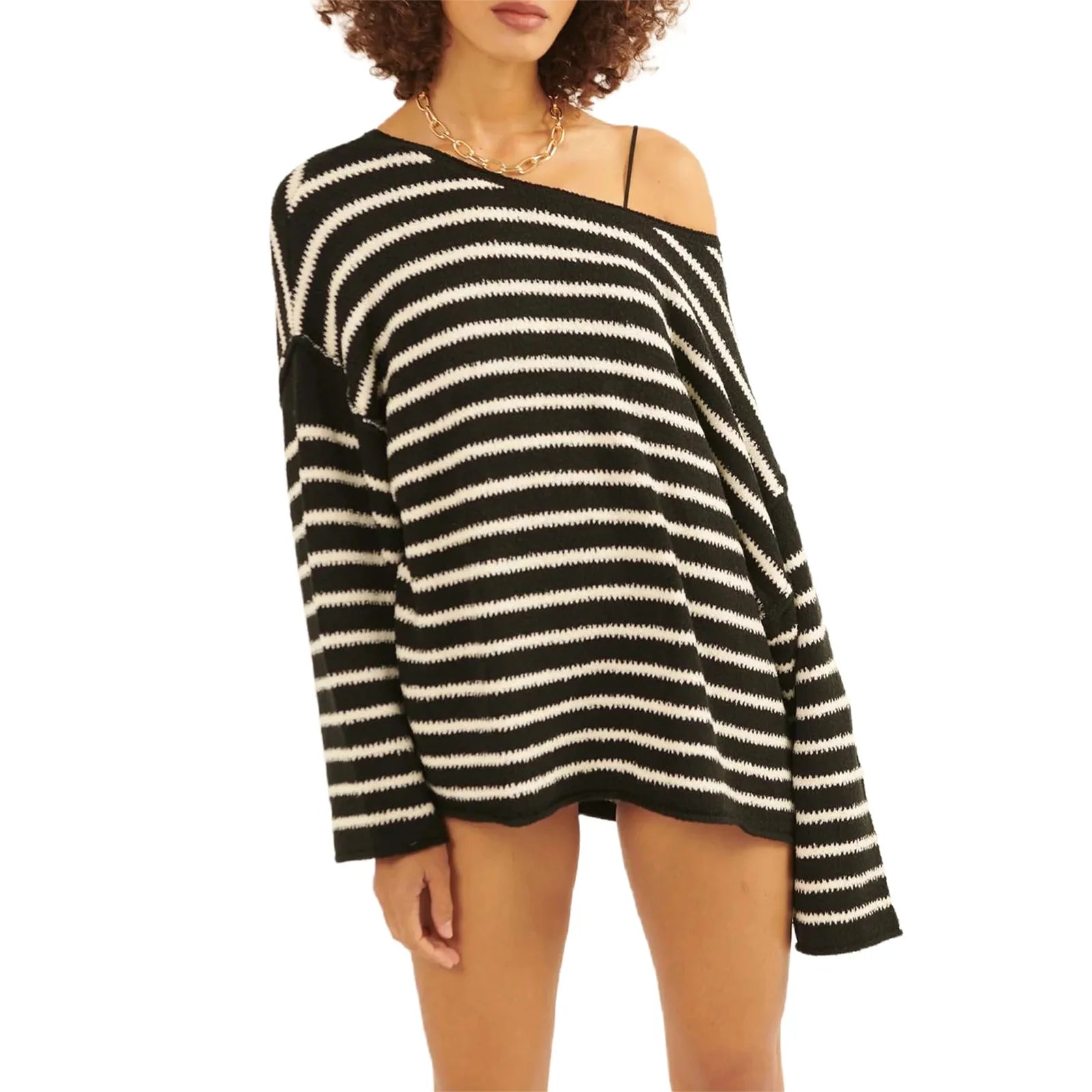 Oversized Striped Drop Shoulder Jumpers Tops Pullover Sweaters | Chuzko.com