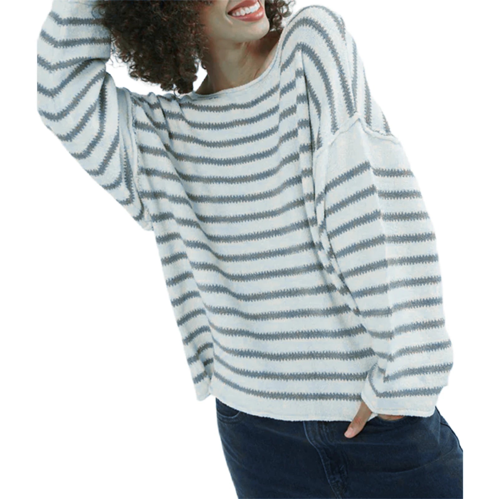 Oversized Striped Drop Shoulder Jumpers Tops Pullover Sweaters | Chuzko.com