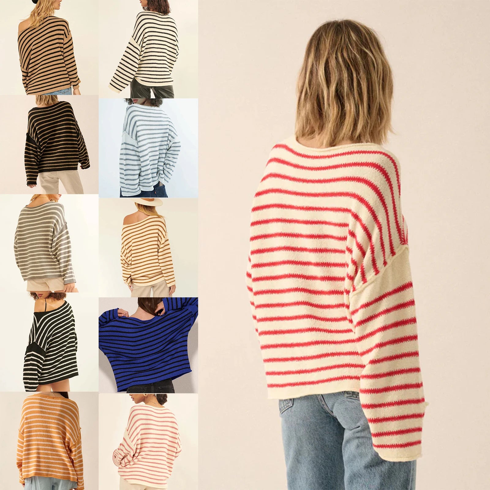 Oversized Striped Drop Shoulder Jumpers Tops Pullover Sweaters | Chuzko.com