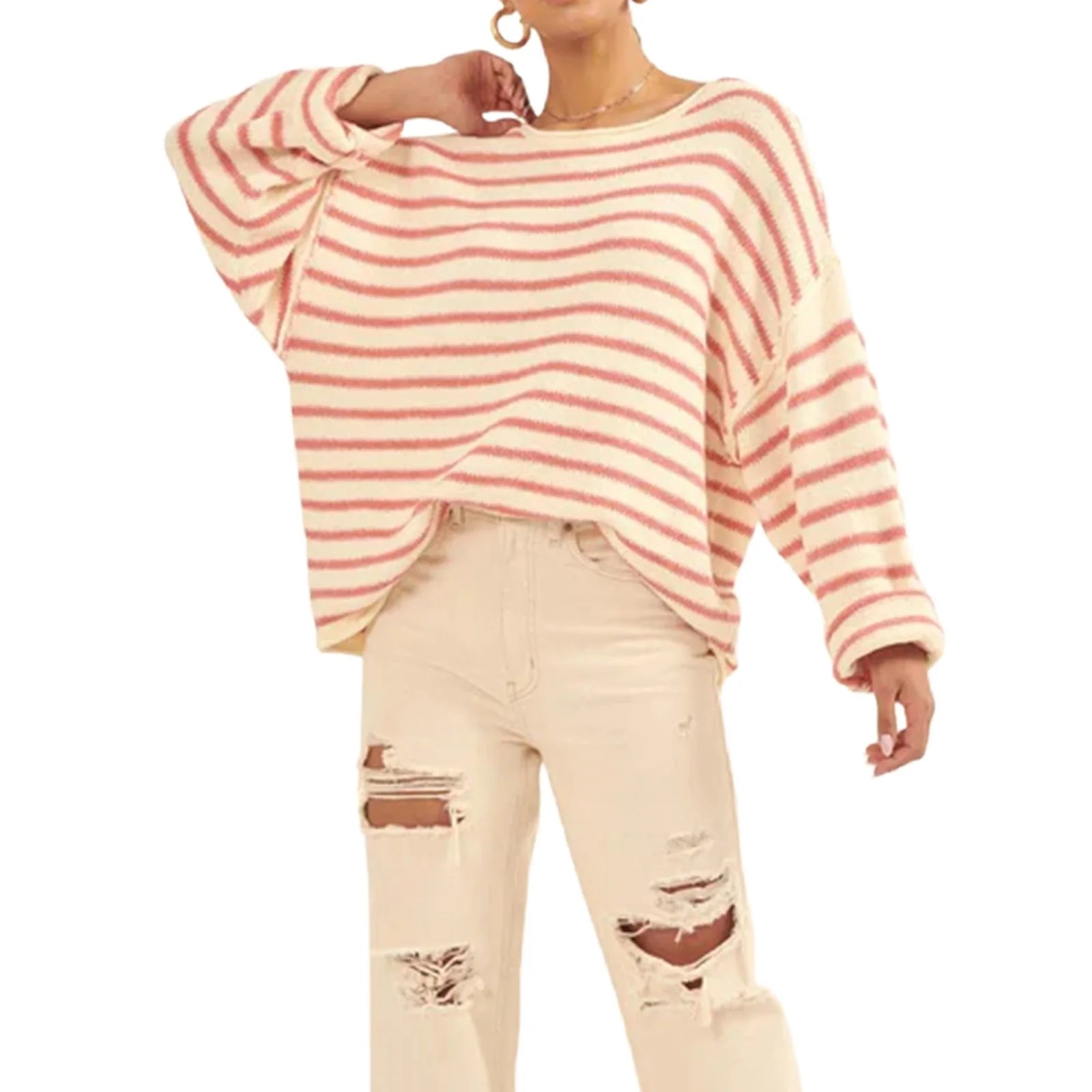 Oversized Striped Drop Shoulder Jumpers Tops Pullover Sweaters | Chuzko.com