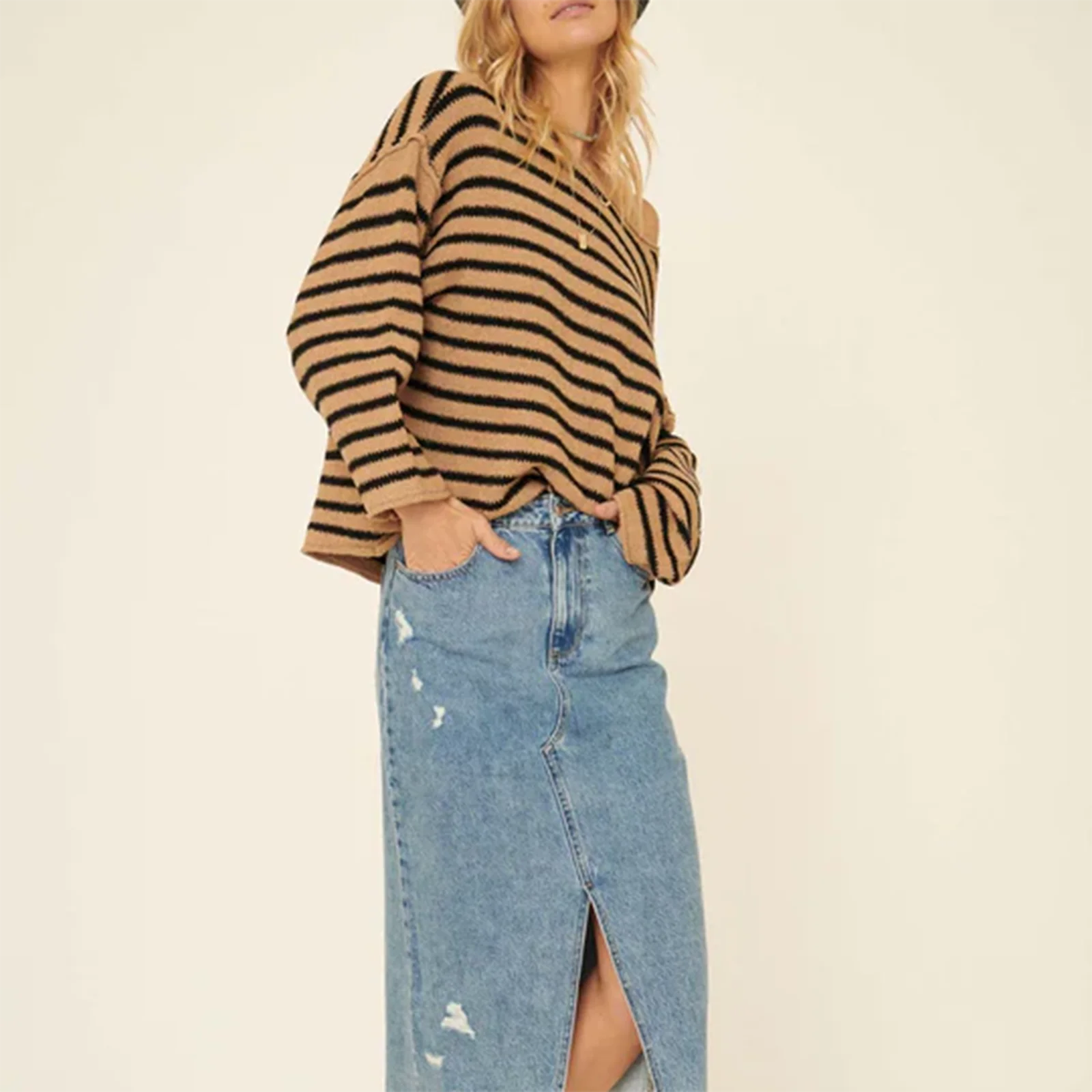 Oversized Striped Drop Shoulder Jumpers Tops Pullover Sweaters | Chuzko.com