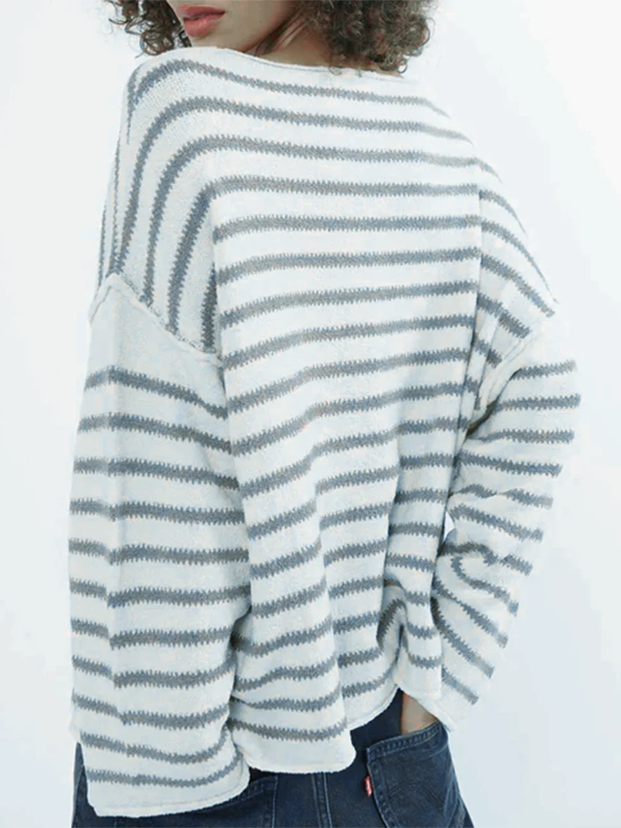 Oversized Striped Drop Shoulder Jumpers Tops Pullover Sweaters | Chuzko.com