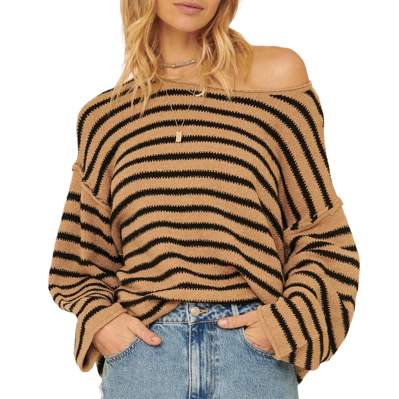 Oversized Striped Drop Shoulder Jumpers Tops Pullover Sweaters | Chuzko.com