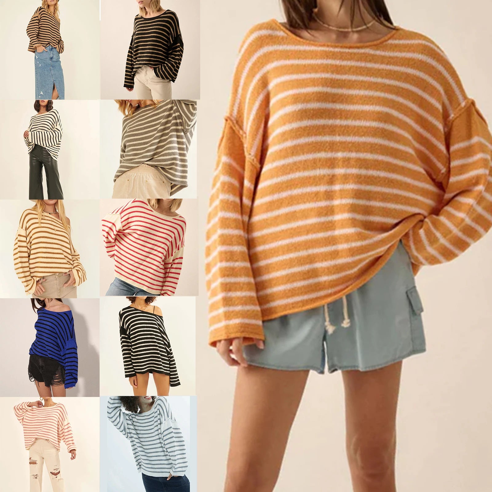 Oversized Striped Drop Shoulder Jumpers Tops Pullover Sweaters | Chuzko.com