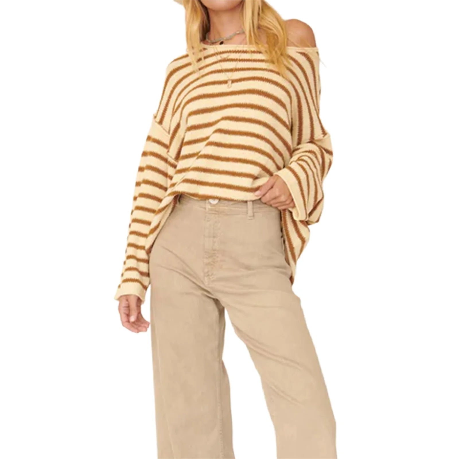 Oversized Striped Drop Shoulder Jumpers Tops Pullover Sweaters | Chuzko.com