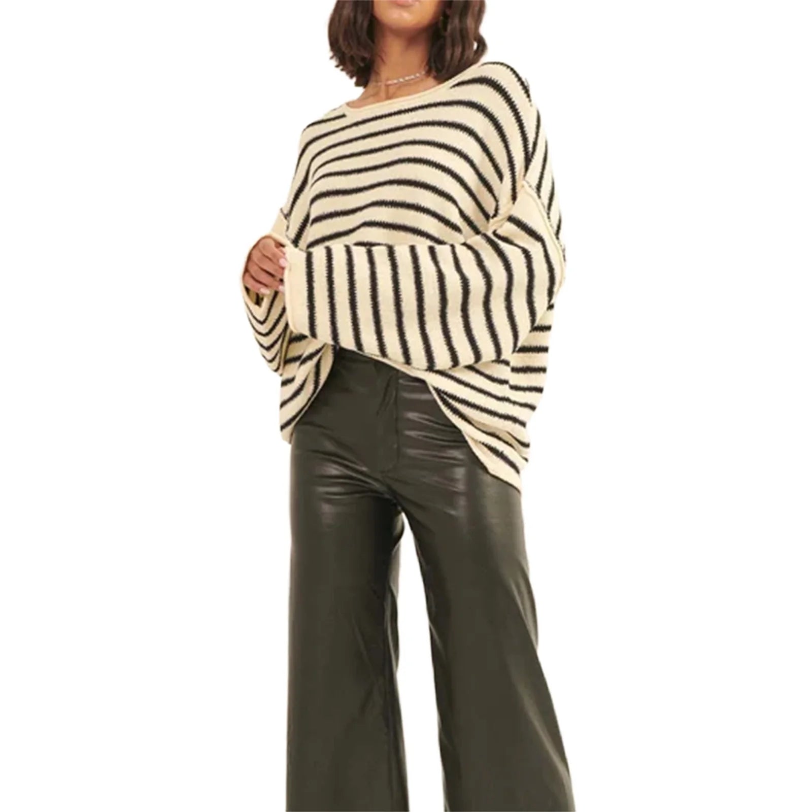 Oversized Striped Drop Shoulder Jumpers Tops Pullover Sweaters | Chuzko.com