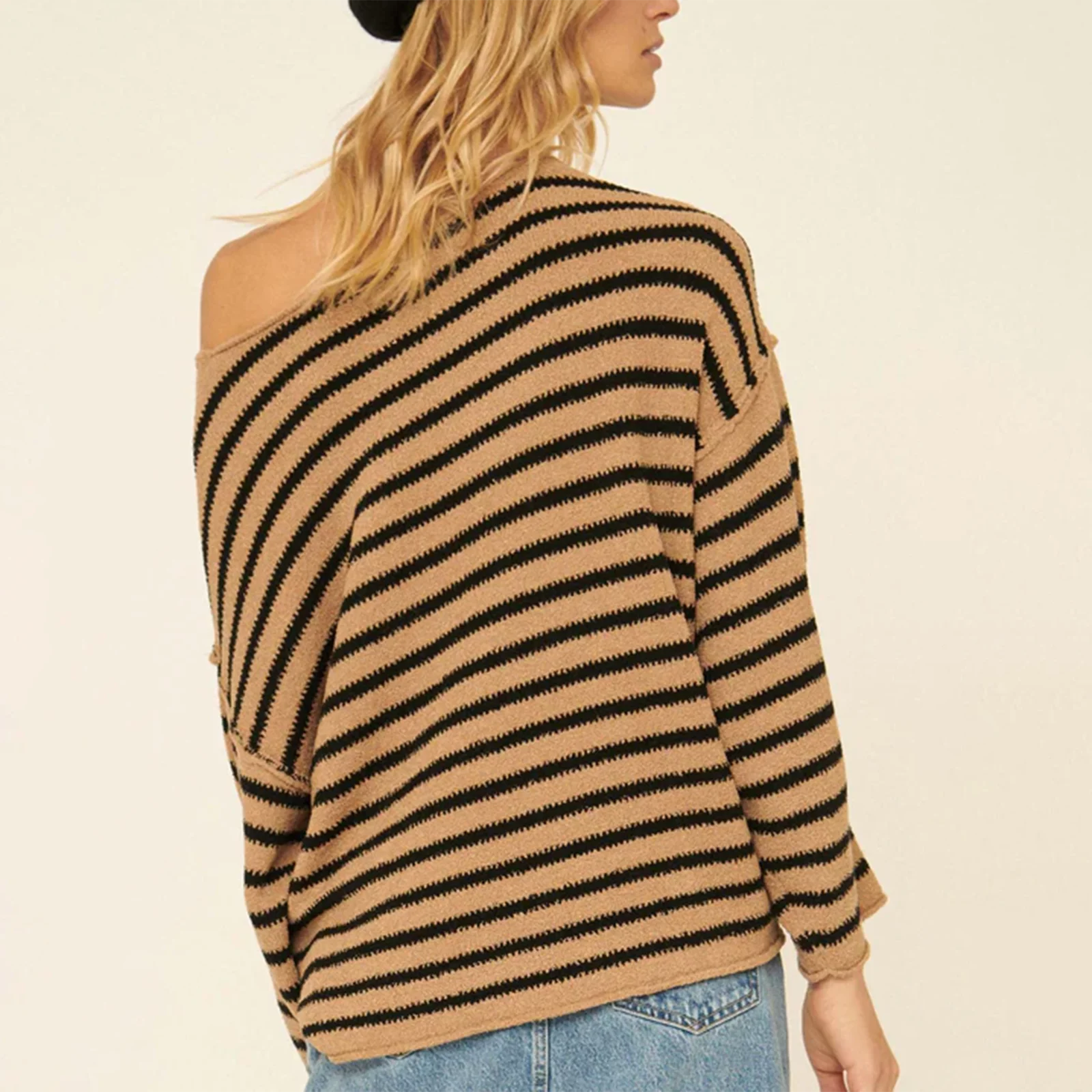 Oversized Striped Drop Shoulder Jumpers Tops Pullover Sweaters | Chuzko.com