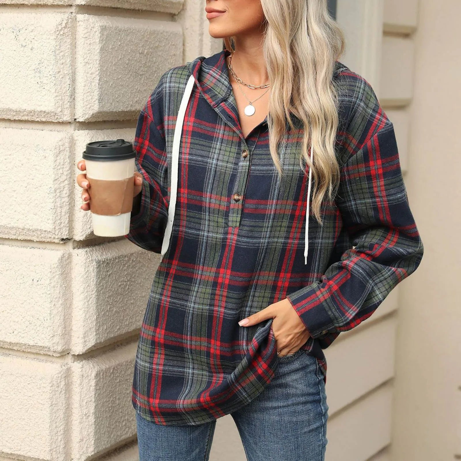 Plaid Flannel Hooded Pullover Tops	