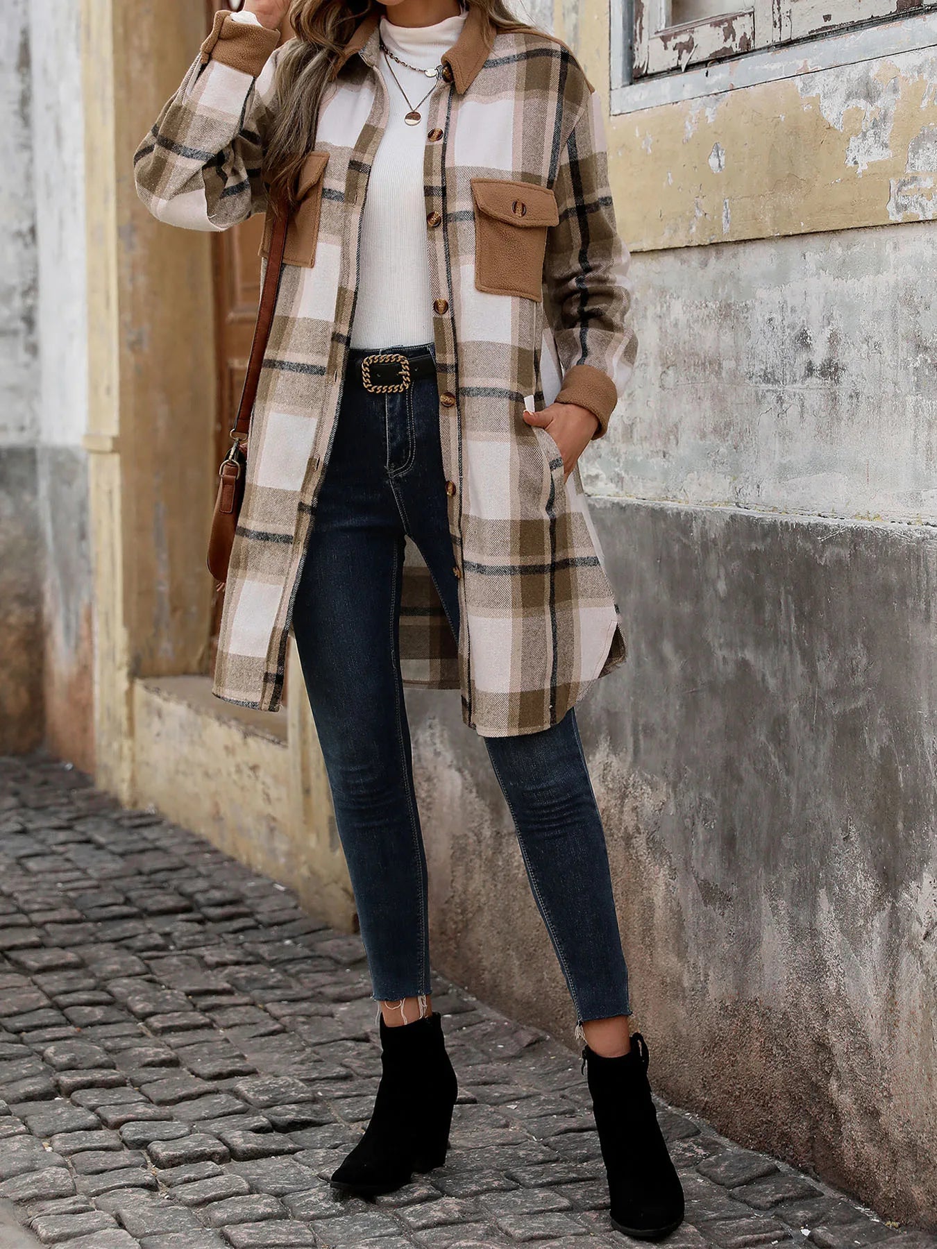 Long Casual Frosted Plaid Shacket with Contemporary Solid Accents | Chuzko.com