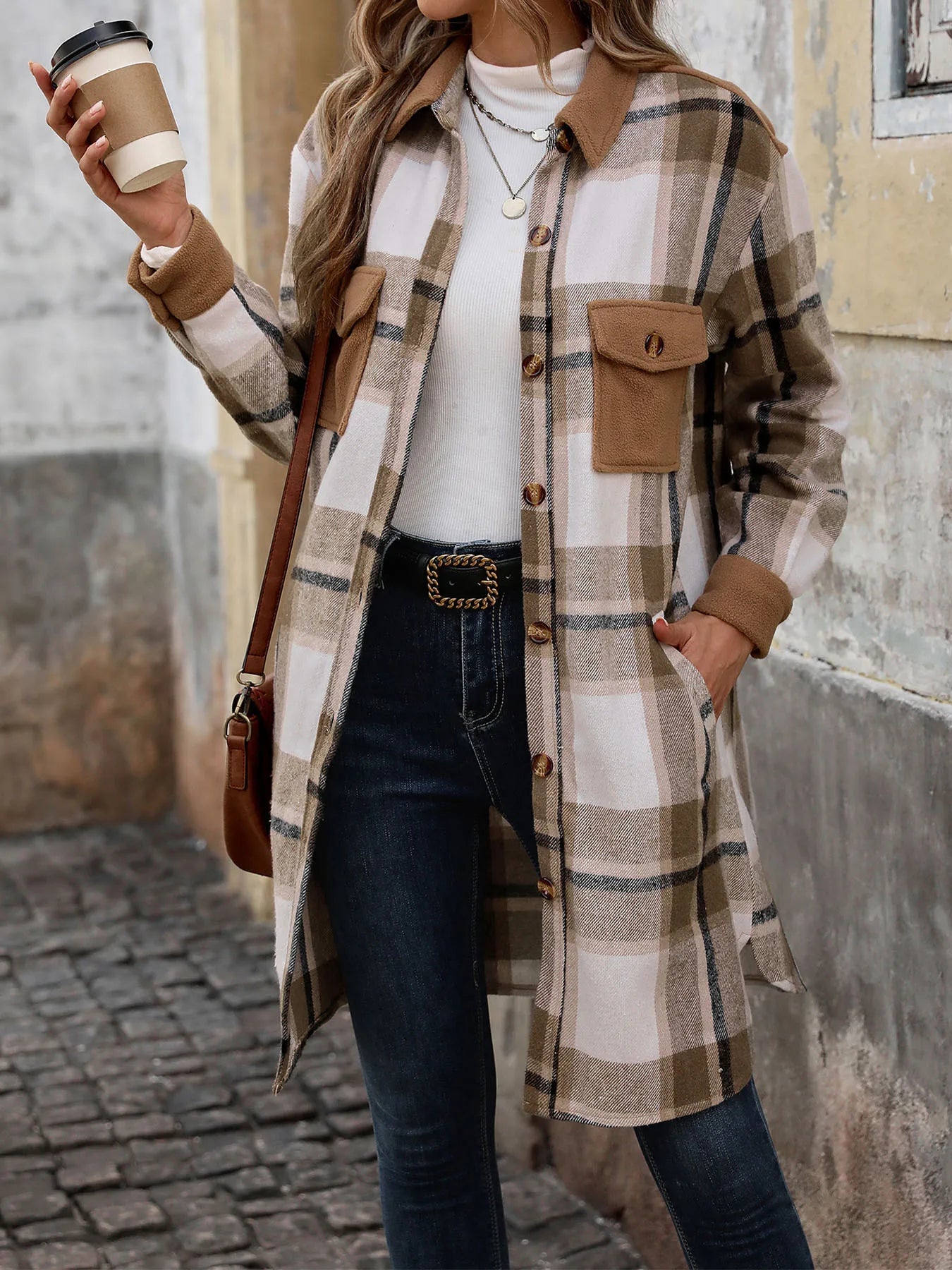 Long Casual Frosted Plaid Shacket with Contemporary Solid Accents | Chuzko.com