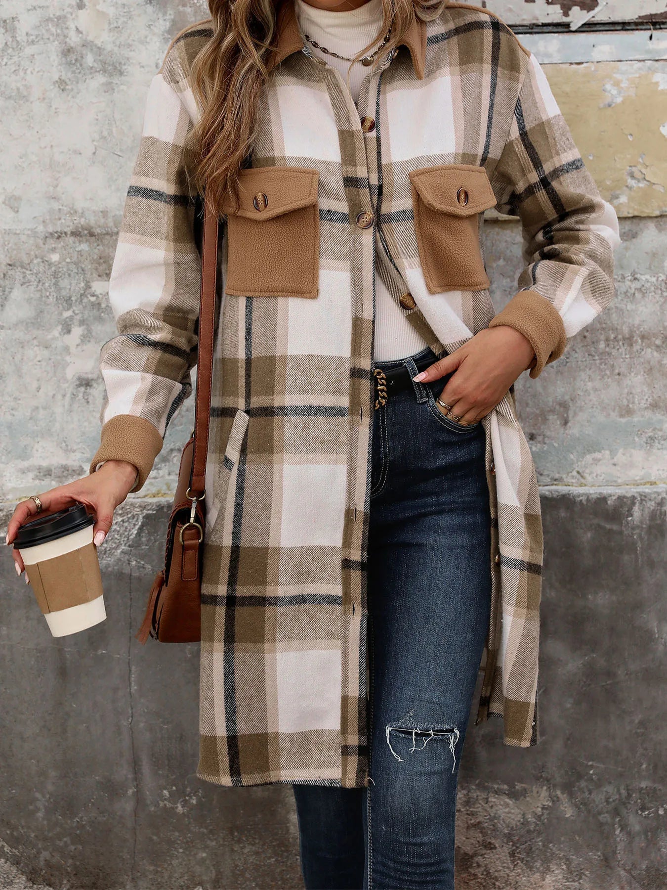 Long Casual Frosted Plaid Shacket with Contemporary Solid Accents | Chuzko.com