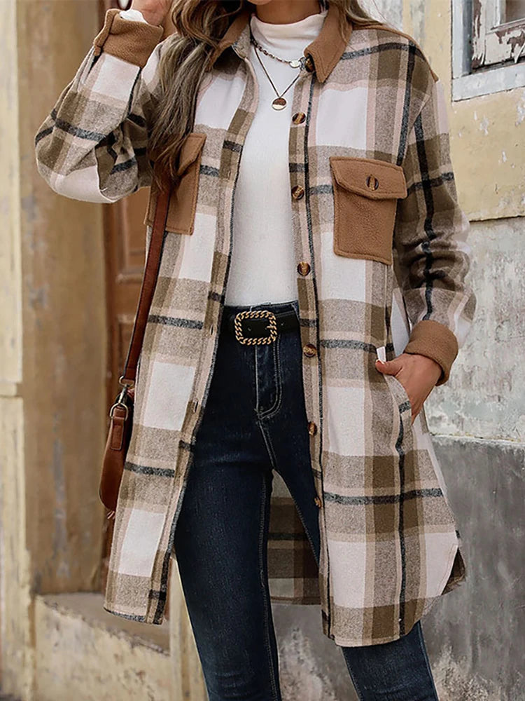 Long Casual Frosted Plaid Shacket with Contemporary Solid Accents	