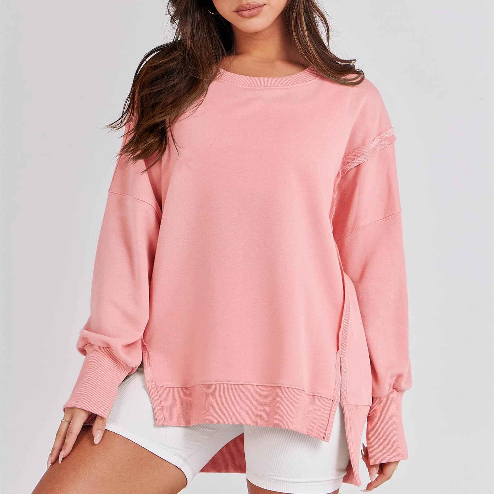 Casual High-low Hem Baggy Sweatshirt-Side Slits	