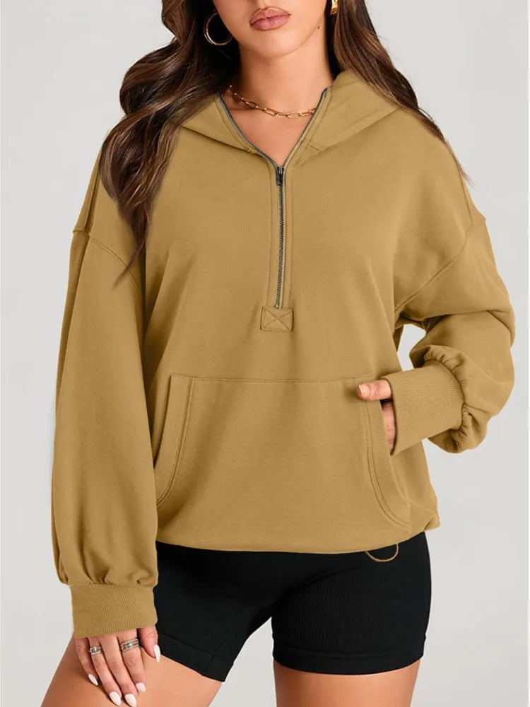 Kangaroo Pouch Half Zip up Women Hoodie	