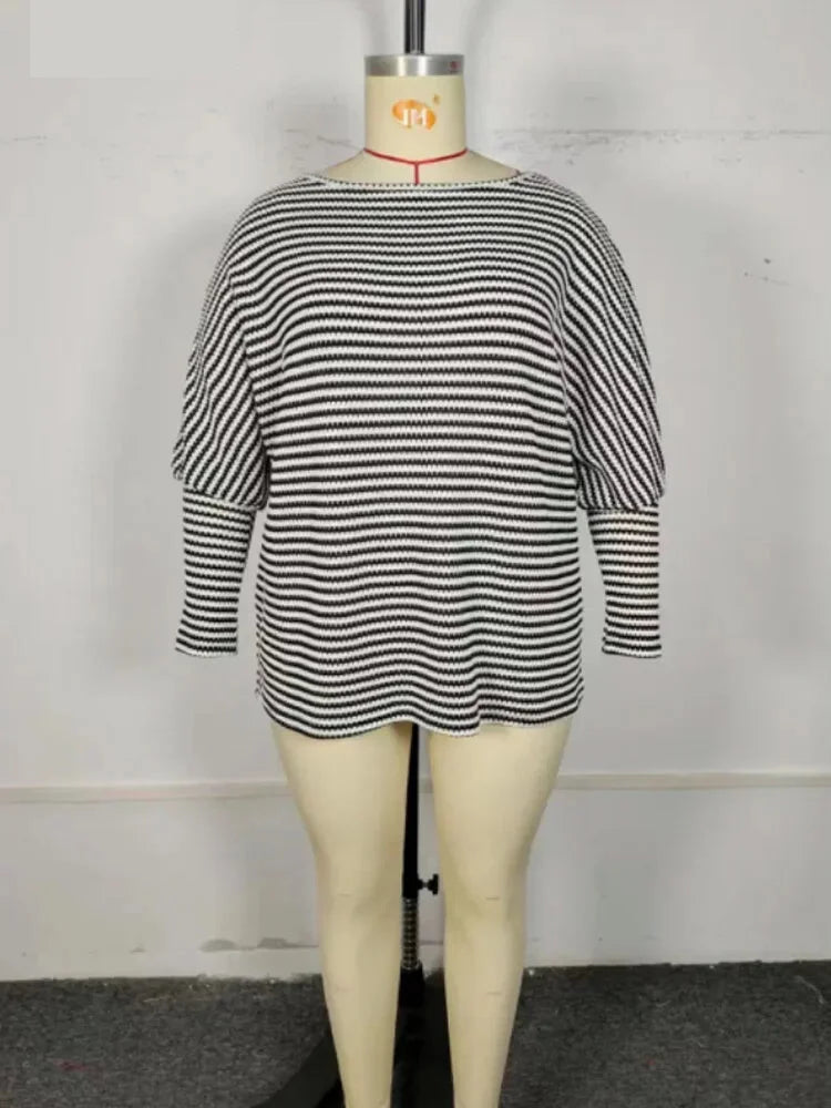 Plus Size Leg-of-Mutton Sleeve on Striped Casual Tops Plus Size | Chuzko.com