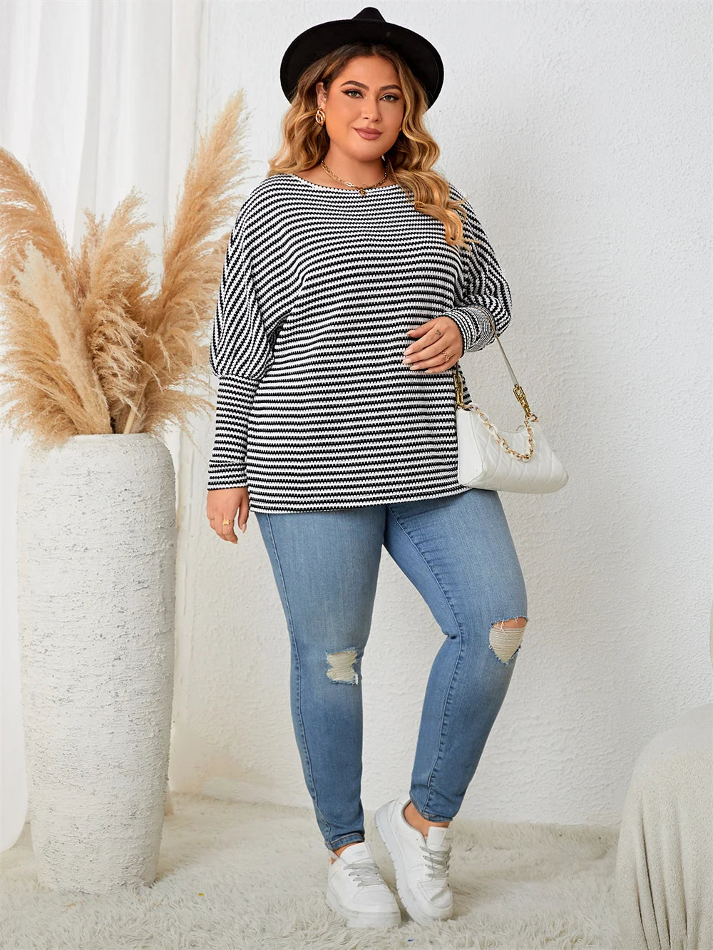 Plus Size Leg-of-Mutton Sleeve on Striped Casual Tops Plus Size | Chuzko.com