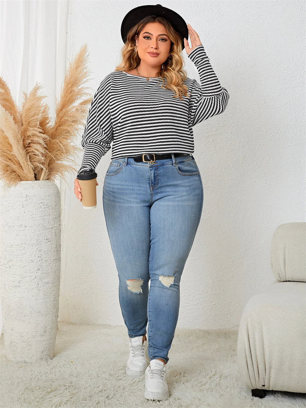 Plus Size Leg-of-Mutton Sleeve on Striped Casual Tops Plus Size | Chuzko.com