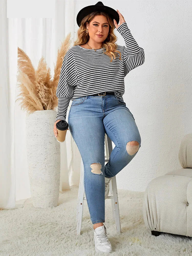 Plus Size Leg-of-Mutton Sleeve on Striped Casual Tops Plus Size | Chuzko.com