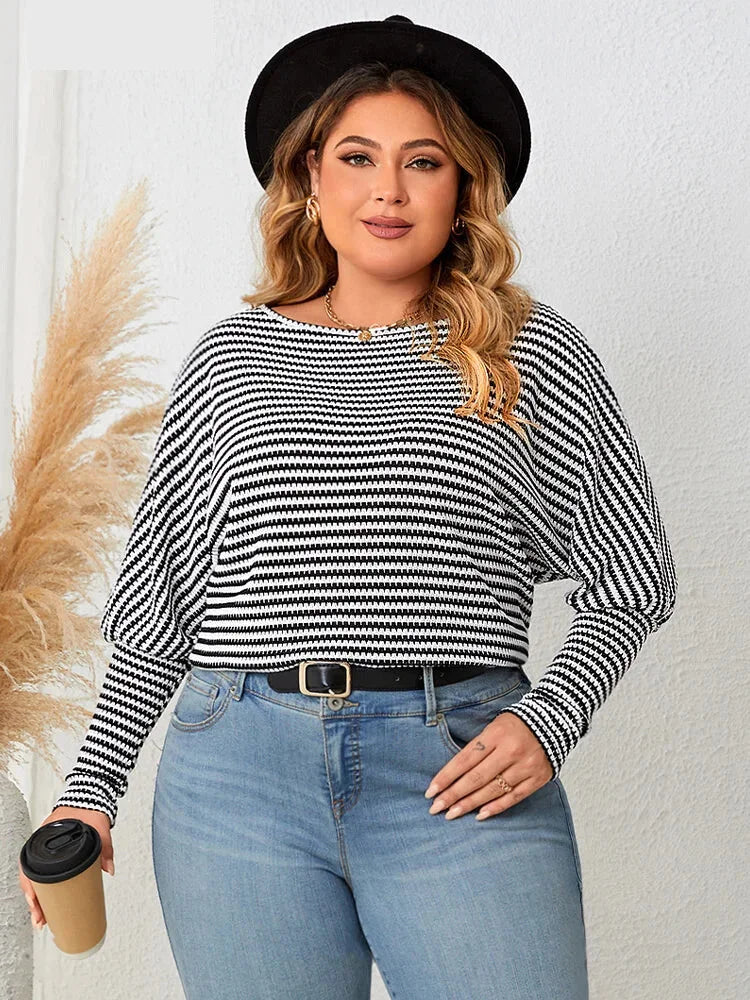 Plus Size Leg-of-Mutton Sleeve on Striped Casual Tops Plus Size | Chuzko.com