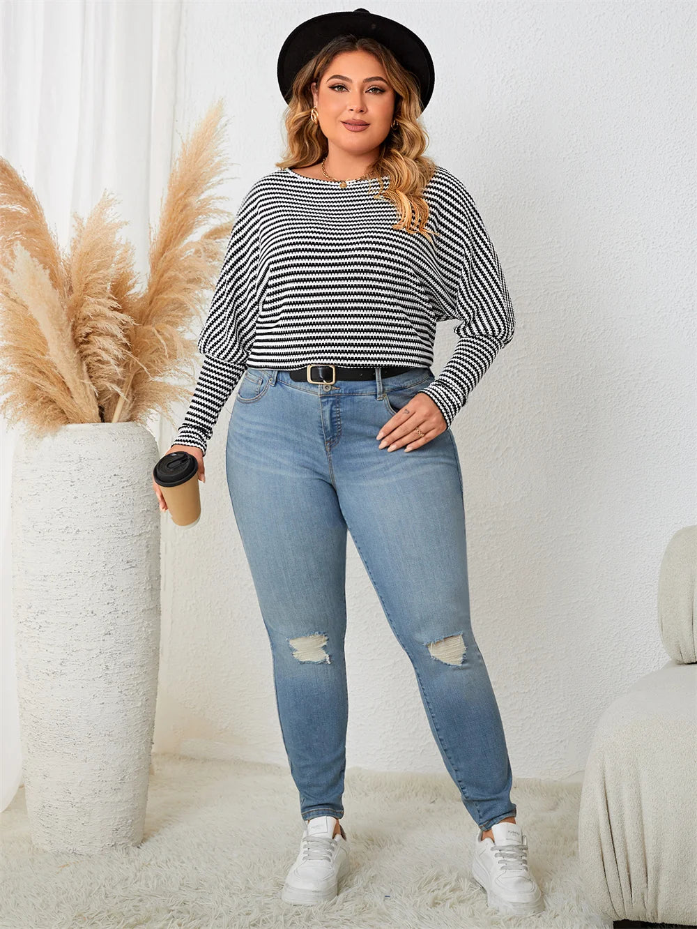 Plus Size Leg-of-Mutton Sleeve on Striped Casual Tops Plus Size | Chuzko.com