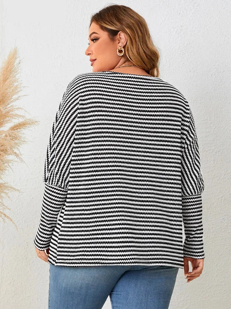 Plus Size Leg-of-Mutton Sleeve on Striped Casual Tops Plus Size | Chuzko.com